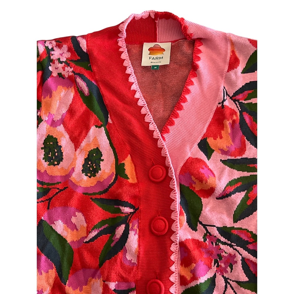 Farm Rio Red Pink Tropical Papaya Floral Knit Scalloped Cardigan Sweater Medium - Picture 2 of 6